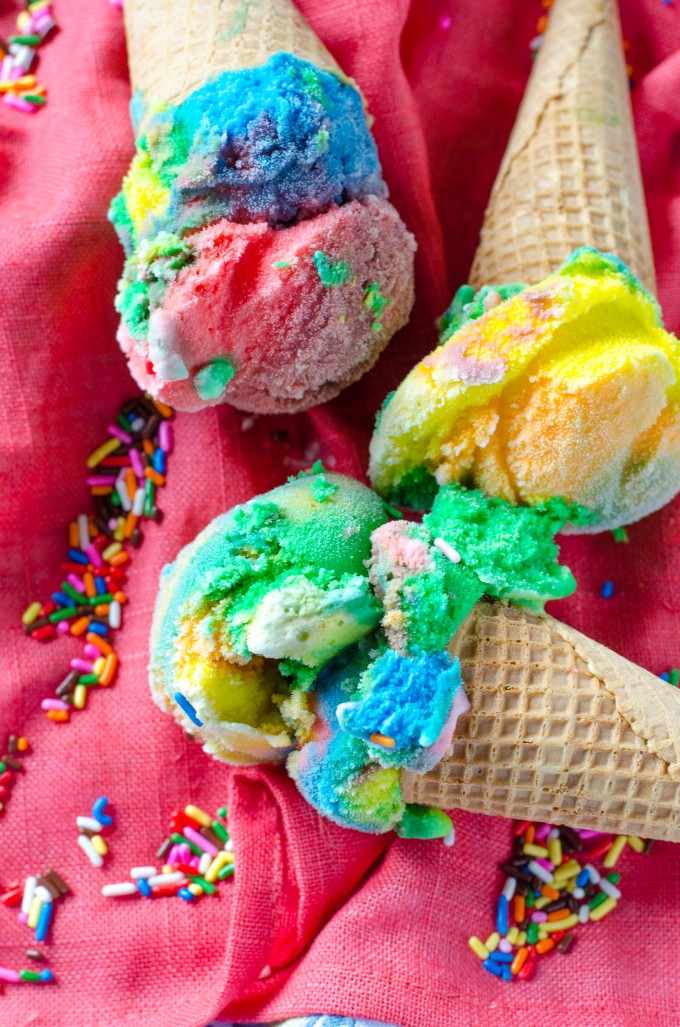 vanilla ice cream cone with rainbow sprinkles