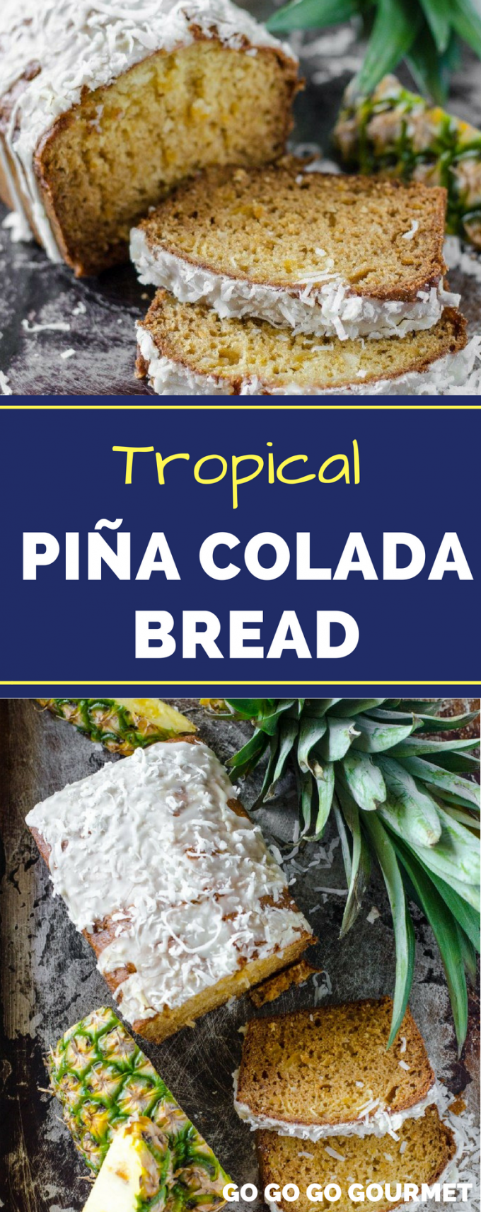 With crushed pineapple and coconut, this Pina Colada bread recipe will take you to the tropics with every slice! It's tropical flavors make an excellent dessert! #pinacoladabread #pineapplecoconutcread #pineappleloaf #gogogogourmet via @gogogogourmet