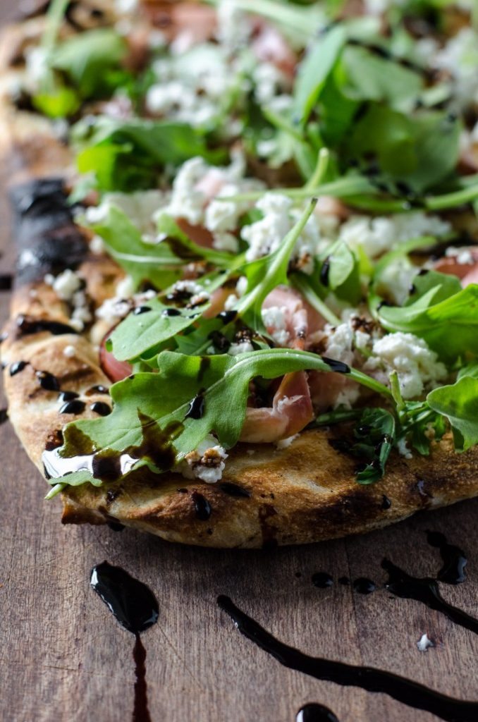 Grilled Flatbread with Prosciutto, Arugula, Goat Cheese & Balsamic Go