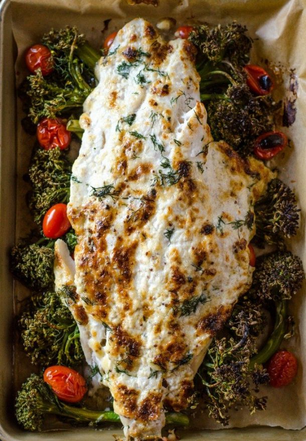 EASY One Pan Baked Grouper Recipe with Broccolini and Tomatoes